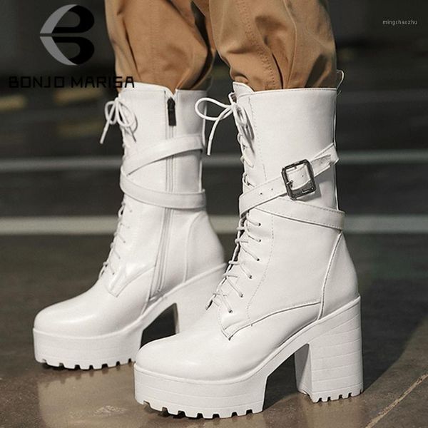 

boots bonjomarisa elegant girl winter solid round toe lace up high heels women casual brand block heel shoes woman1, Black