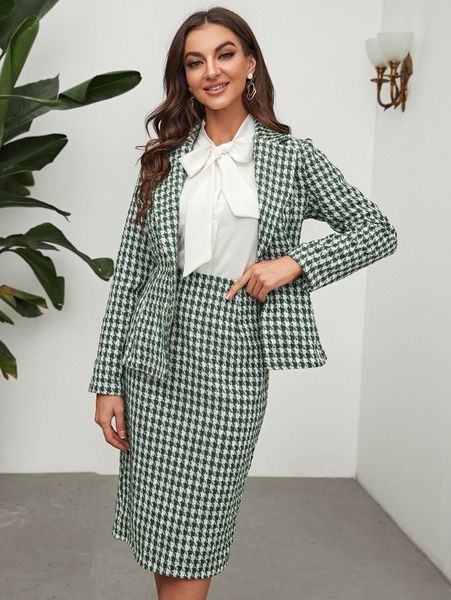 

houndstooth print tweed coat & split back skirt b48z#, White