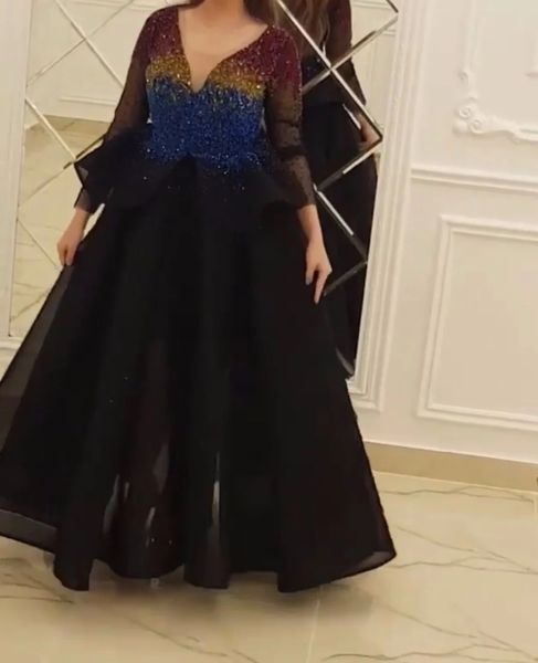 

elegant v neck long sleeve evening dress 2021 full hand beading evening gowns robe de soiree abiye party dress elegant, Black;red