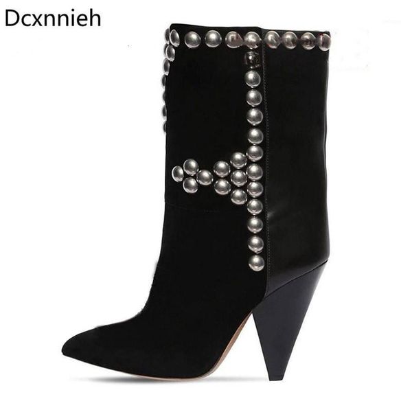 

boots woman winter luxury real suede ankle women pointed toe rivet spiked high heel femme retro cowboy mujier 20211, Black
