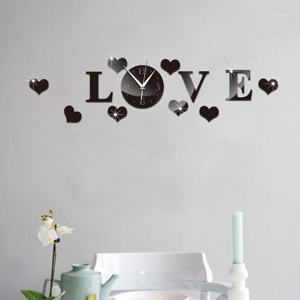

wholesale- wall clock decor diy silver acrylic mirror wall sticker love clock decoration1