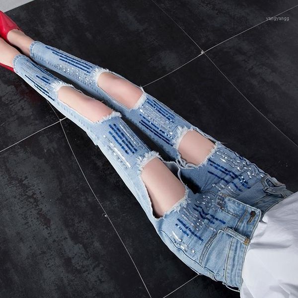 

fashion distressed slim denim jeans mid waisted elastic skinny ripped jeans big hole sequined pencil plus size 25-311, Blue