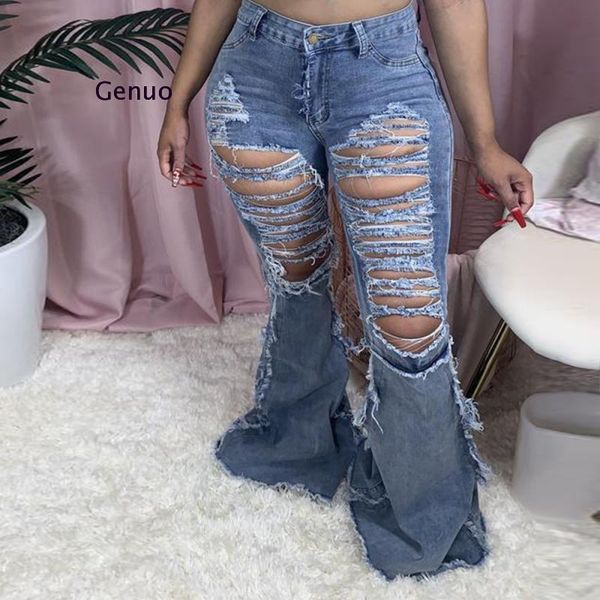 

retro women ripped jeans solid hole jeans ripped flare trousers skinny bell bottom high waist lady denim pants, Blue