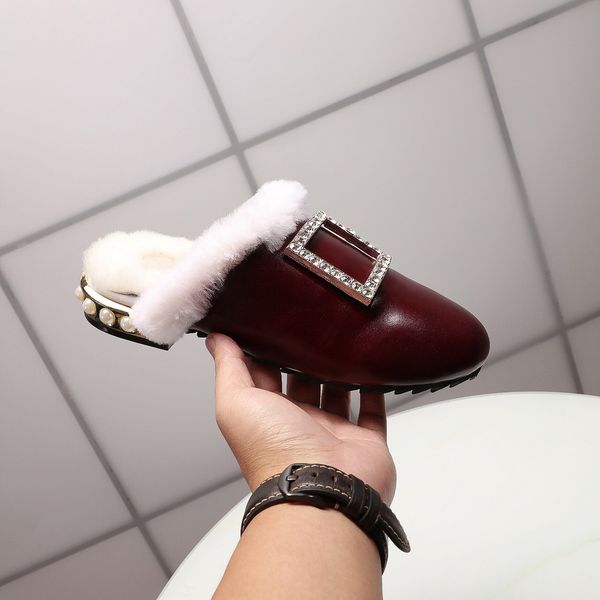 

designer womens slipper luxury dark red rhinestone square decoration leather round head with velvet with box size 34-40, Black