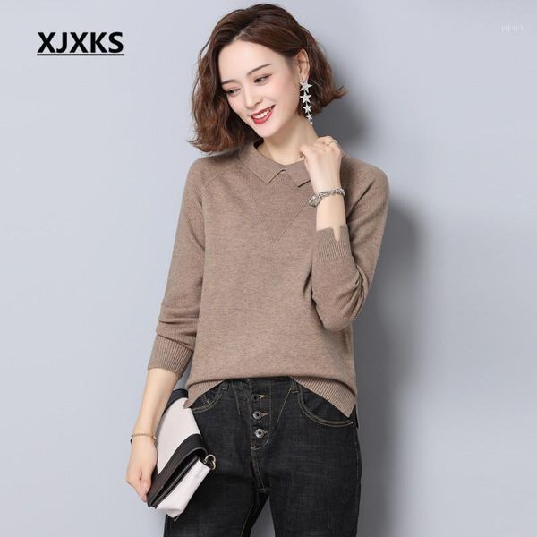 

xjxks 2020 autumn winter new women cashmere knitted sweater fashion lapel comfortable casual sweater women pullover1, White;black