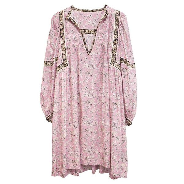 

casual dresses 2021 spring / summer floral printing v-neck vintage lantern sleeve loose two-piece female mini dress, Black;gray