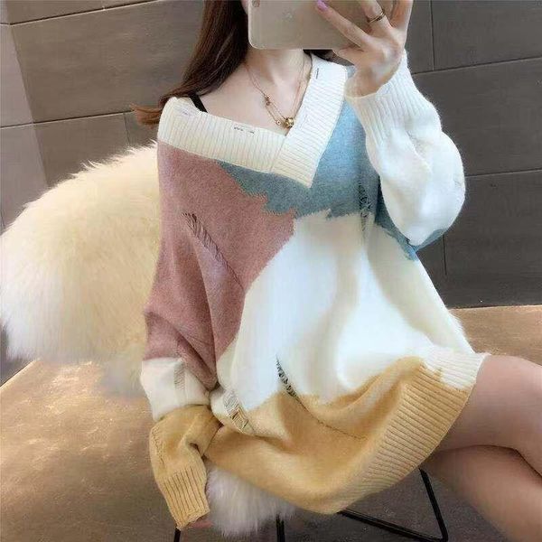 

women's sweaters woman 2021 early autumn clothing v-neck sweater loose knitwear for women femme chandails pull hiver, White;black
