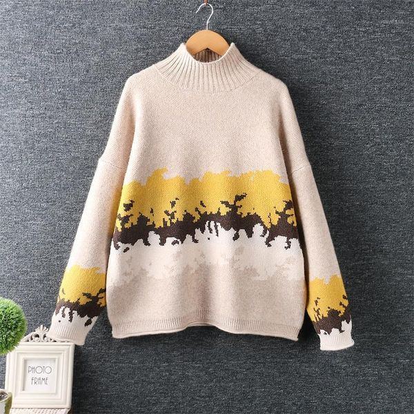 

autumn and winter new women's art small fresh ink flower knit sweater half high neck loose sweater1, White;black