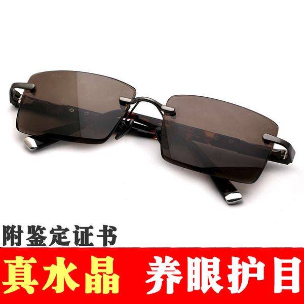 

men's crystal frameless original trimming sunglasses natural stone glasses eye protection, Black