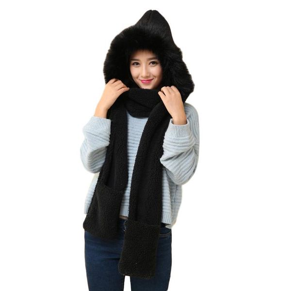 

cute plush hooded scarf hat pocket gloves 3 in 1 warm for women winter outdoor glove sets comfortable warm, Blue;gray