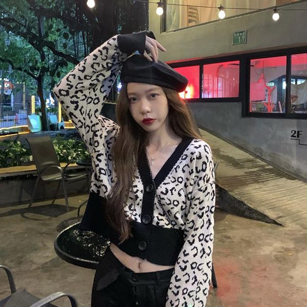 

streetwear women's clothing casual fashion crop v-neck leopard long sleeve knitted sweaters female hipster autumn winter new, White