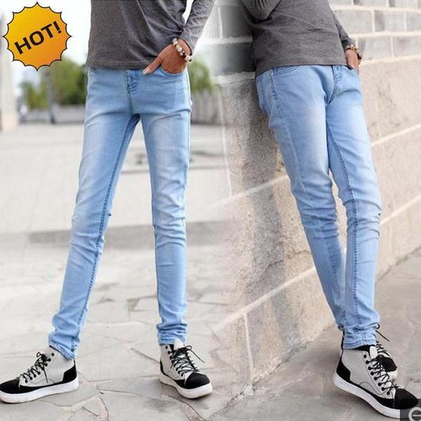 

style 2020 fashion boys light blue slim fit bottoms pencil pants solid casual crossfit micro stretch jeans men 28-341