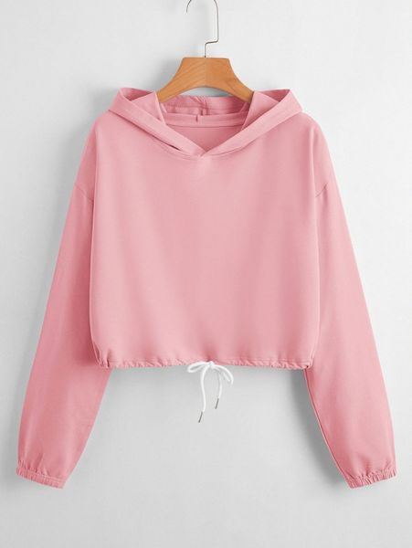 

drop shoulder drawstring hem crop hoodie p5os#, White;black