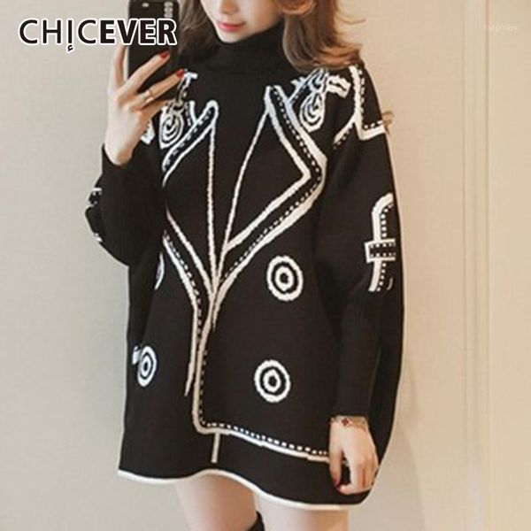 

chicever korean jacket for women turtleneck batwing long sleeve hit color skirt hem patchwork loose plus size coats female 20201, Black;brown