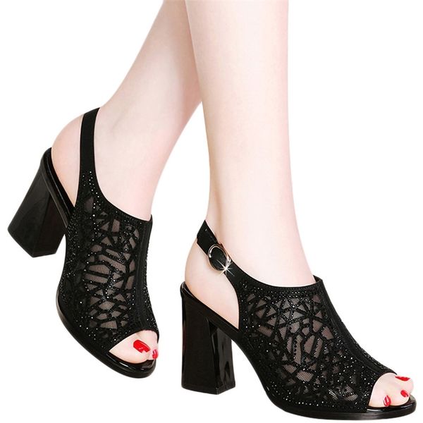 

luxury women shoes high heel elegant party shoes solid ankle strap women's belt buckle sandals rhinestone ladies shoes y200113, Black