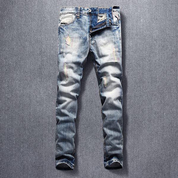 

2021 new fashion streetwear men jeans retro light blue embroidery ripped denim trousers vintage designer long pants 57ba