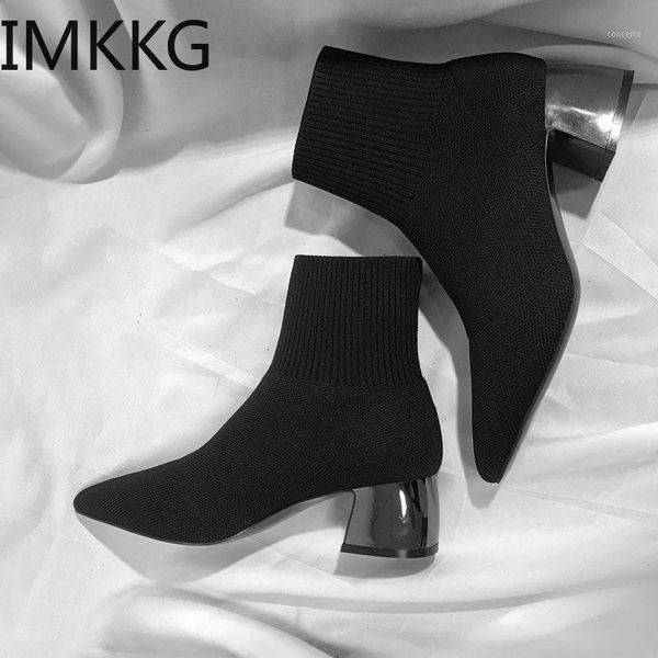 

autumn winter women's knit elastic socks boots pointed toe chunky heel boots black fashion ankle1