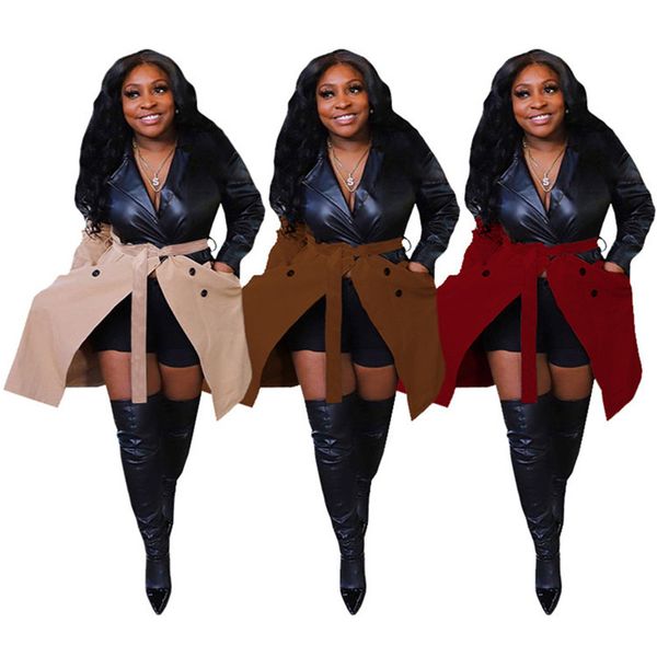 

two colors panelled womens designer trench coats casual contrast color v neck womens long pu windbreaker casual womens clothing, Tan;black