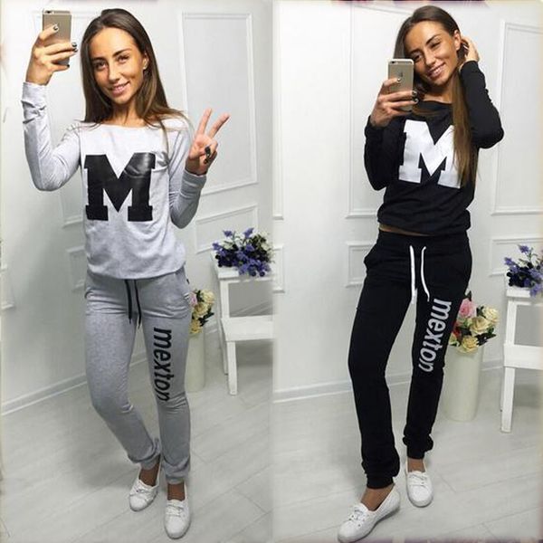 

9143#2020 autumn  letter print crew neck long sleeve sweater casual set, White