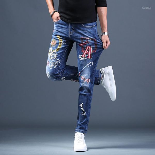 

fashion printed jeans streetwear men blue stretch jean man straight slim fit pants1