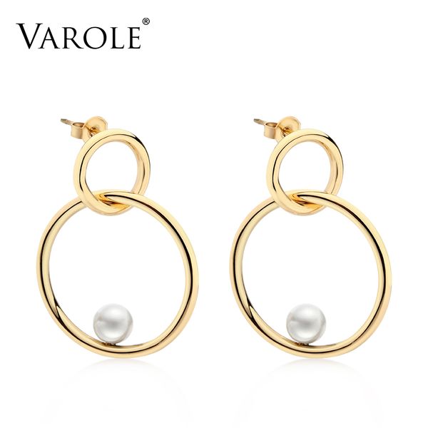 

varole simple gold color silver plated geometric big round pearl earrings for women fashion big hollow drop earrings jewelry