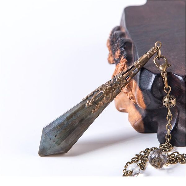 

natural labradorite pendulum for dowsing natural stone pendant healing crystals pendule chakra crystal qylqih, Black