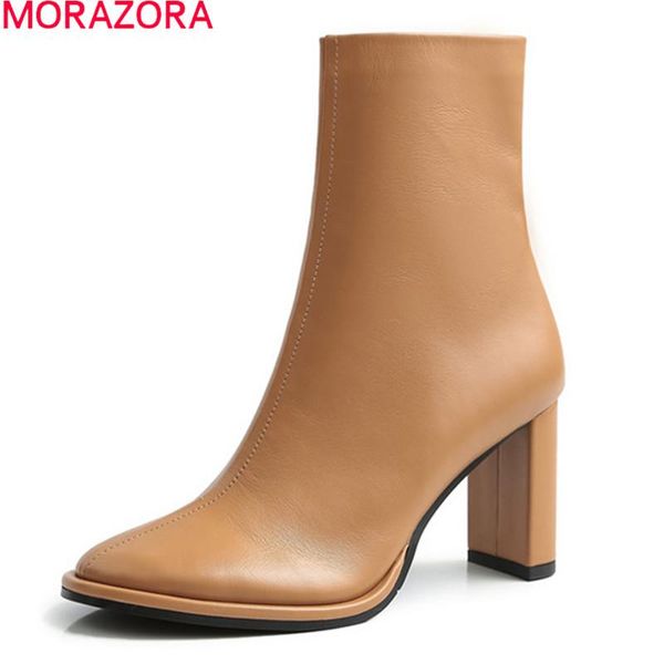 

boots morazora 2021 arrival fashion women genuine leather thick high heels square toe autumn winter ladies shoes, Black