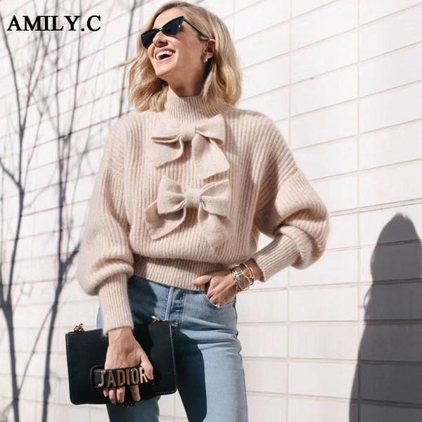 

amily.c2019 autumn women's bow half-height neck solid color knit pullover sweater elegant celebrity club party1, White;black