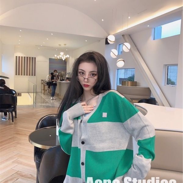 

nordic style ac couple smiling face badge stockholm color matching super large striped micro silhouette cardigan, Black;green