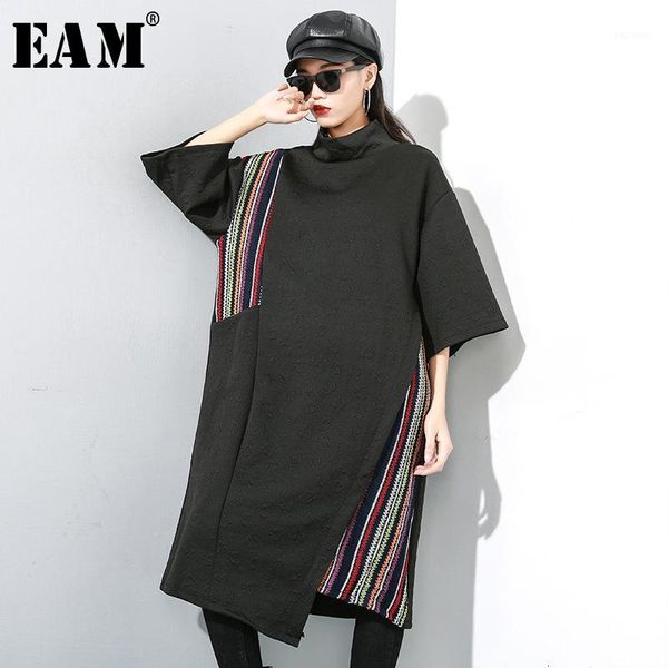 

eam] women striped asymmetrical dress new high collar three-quarter sleeve loose fit fashion tide spring autumn 2019 19a-a7891, Black;gray
