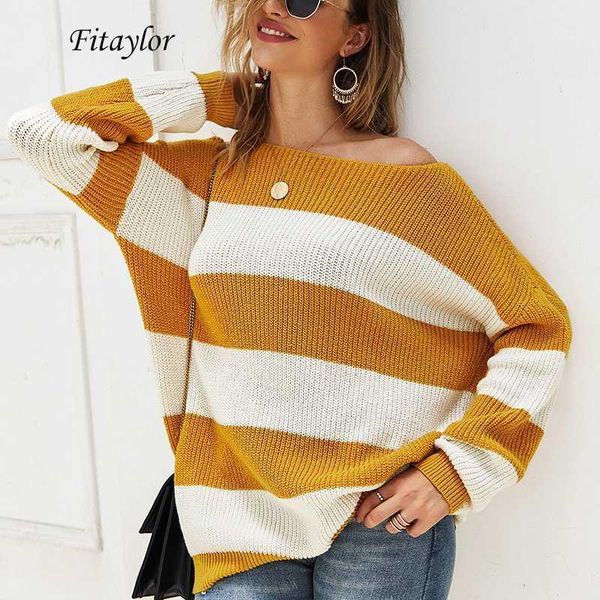 

fitaylor vintage stripe knitted sweater pullover women spring autumn loose off shoulder female jumper knitted 1, White;black