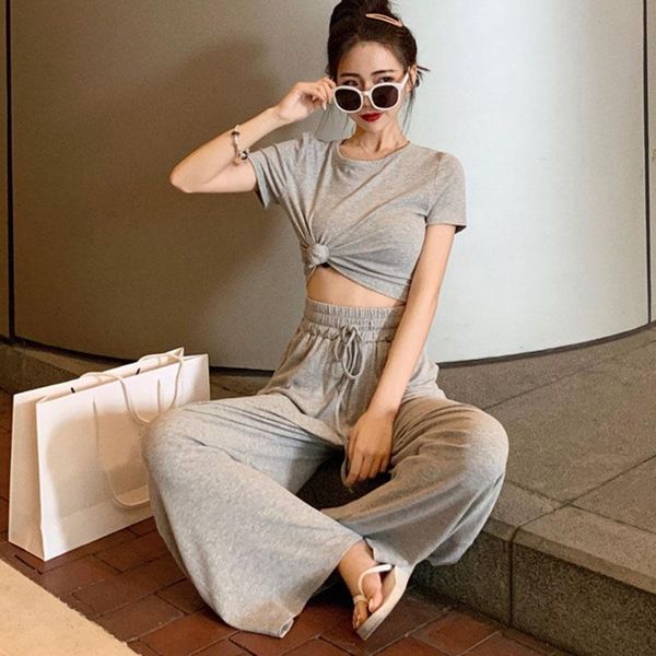 

fashion two-piece solid color slim exposure t-shirt + high waist wide leg pants casual suit orange red xl, Gray
