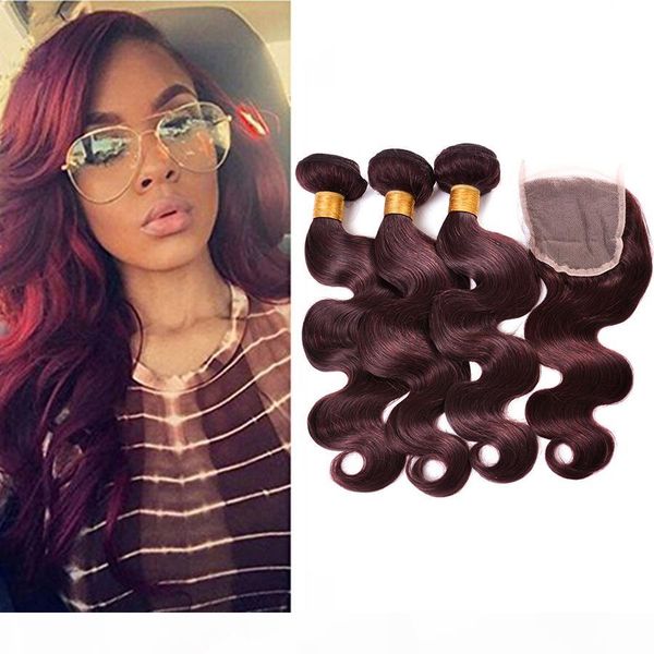 

7a indian virgin hair 3bundles body wave with 4x4 lace closure human hair with closure #99j body wave with burgundy closure, Black;brown