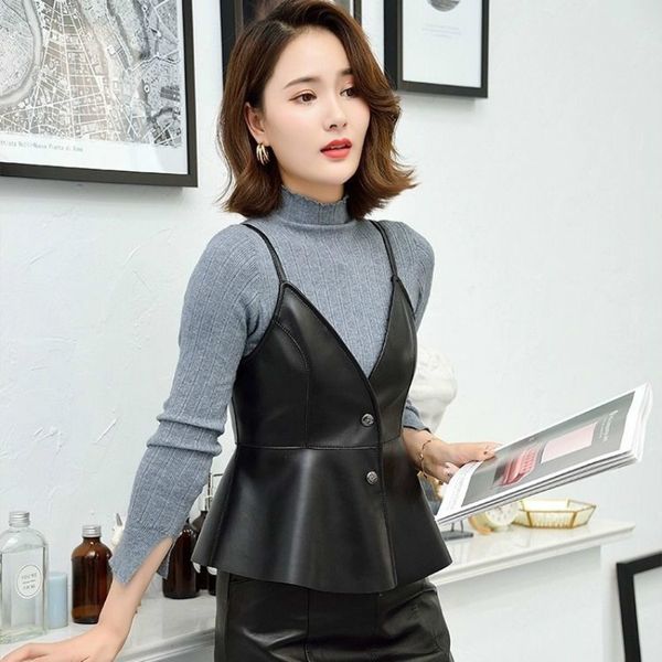 

2021 new spring and in autumn leather thin color buds solid female low v sleeves slingsloose vest y200 50rc, Black