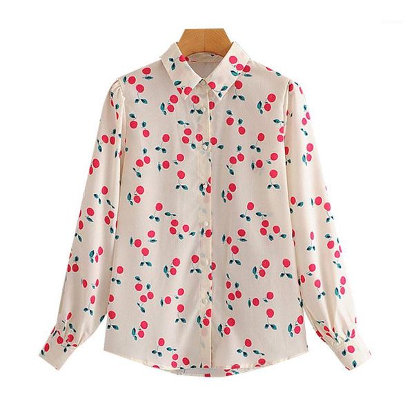 

women 2020 fashion cherry print loose blouses vintage long sleeve button-up female shirts blusas chic 1, White