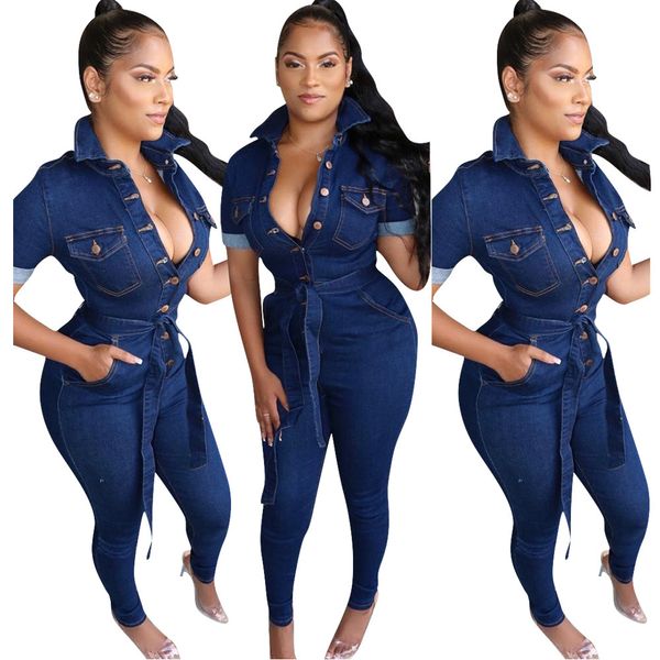 Mode Frauen Blue Jeans Overalls Hohe Qualität Weibliche Kurzen Ärmeln Drehen Unten Neck Dünne Denim Strampler Echt Bild 2020 A1119