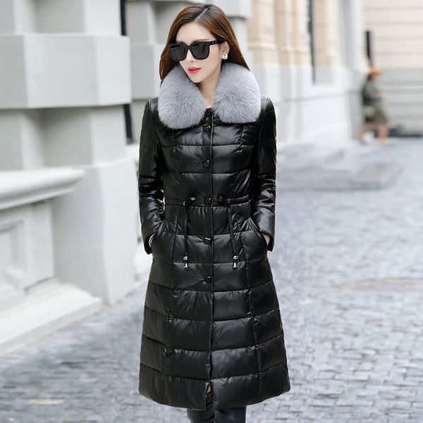 

2021 new genuine women down winter plus size korean red long leather jacket mujer kj744 lc3a, Black