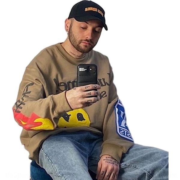 

xwqk spring and autumnand men retro foam distressed holy spirit tie-dye america and women printed loose cotton sweater, Black