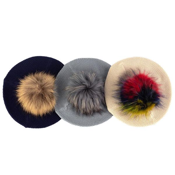 

winter warm berets with real pom pom aldult 100% acrylic hat women female fashion slouchy hats new style beret hat painter, Blue;gray
