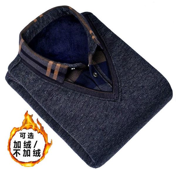 

men's sweaters dad's clothes and velvet padded for middle-aged old-aged long-sleeved fake two-piece warm shirt, White;black