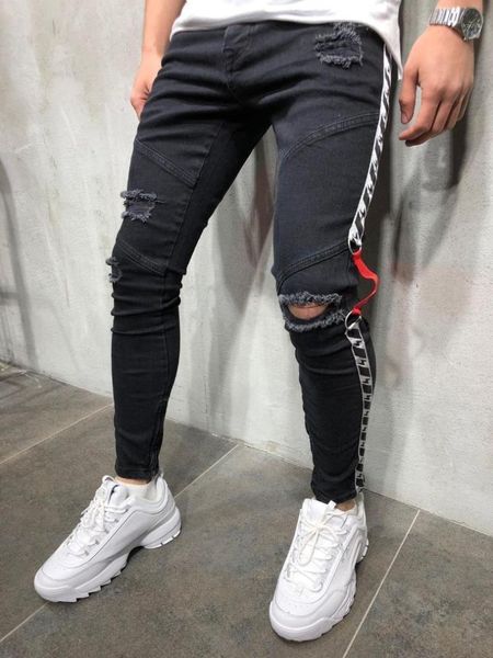 

2019 europe and america men's jeans webbing with holes skinny slim fit foot mouth zipper new style men's wear fashion1, Blue