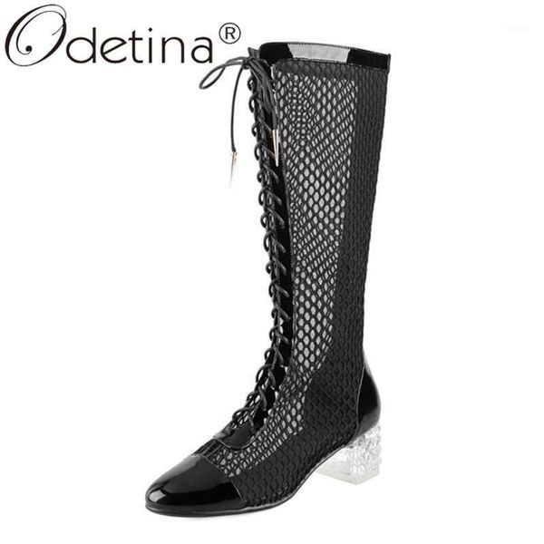 

odetina women new block mid heel round toe cross-tied knee high boots female air mesh lace up breathable fashion long boots1, Black