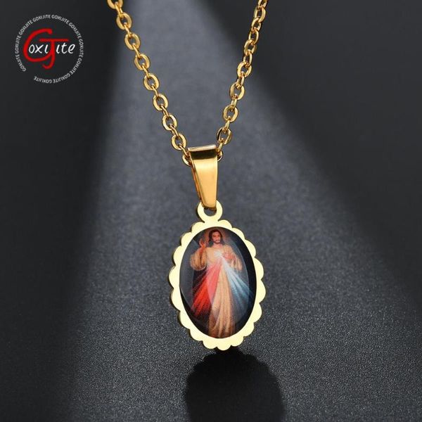 

goxijite stainless steel christian jesus oval pendant necklaces catholic pendant necklace men women religion gifts, Silver