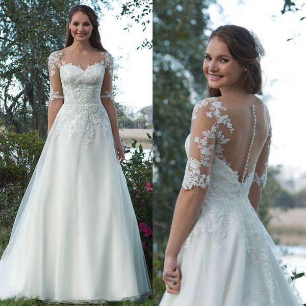 Elegantes Garten-Hochzeitskleid, A-Linie, halbe Ärmel, lange Strand-Brautkleider, Spitzenapplikationen, U-Ausschnitt, elfenbeinfarbene Brautkleider, Knöpfe hinten