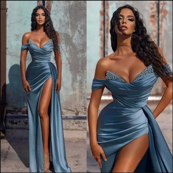 Sexy luz azul fora do ombro sereia vestidos de baile pregado pregas drapeado alto split split varrer trem vestidos de noite vestido formal personalizado