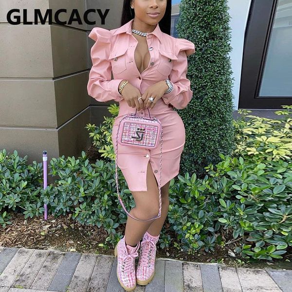 

casual dresses women puff sleeve pu leather dress chic button down bodycon, Black;gray