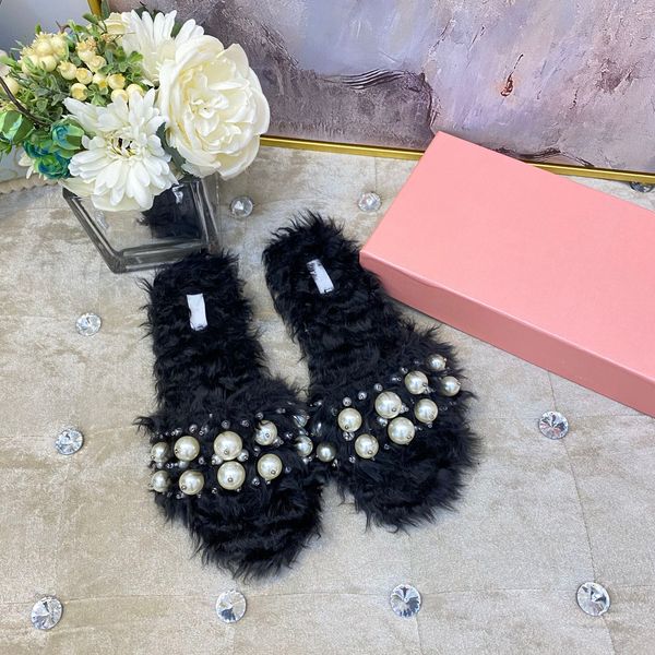 

2020 new women slides winter furry slippers real rabbit fur warm comfortable fuzzy girl flip flops miu shoes size 35-40, Black