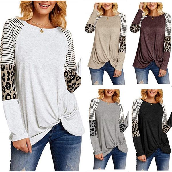 

autumn winter fashion clothes o-neck t-shirt women's stripe pullover casual long sleeve leopard shirt printed loose t shirt, White