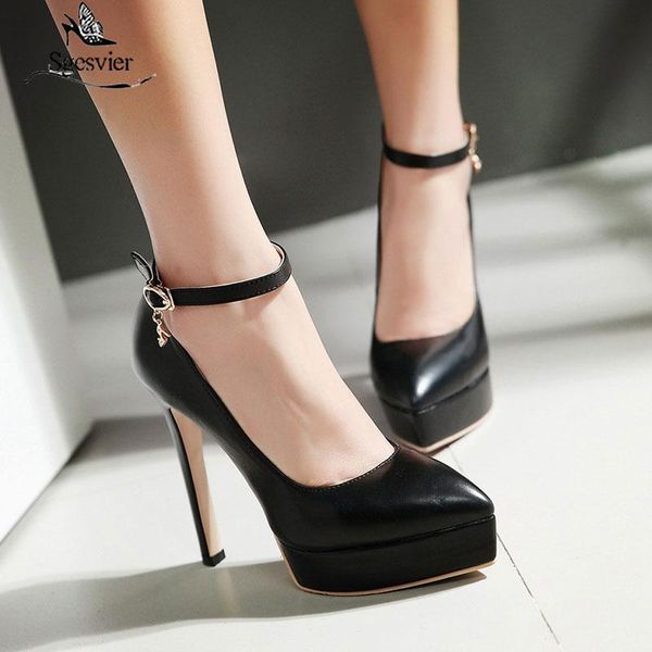 

sgesvier 2021 women pumps pu leather women shoes pointed toe super thin high heel platform ladies wedding pumps size 32-43, Black