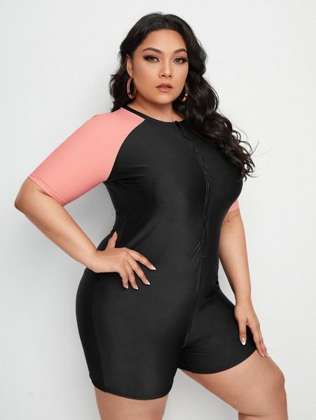 

plus color block zipper front one piece swimsuit z4lu#, Black